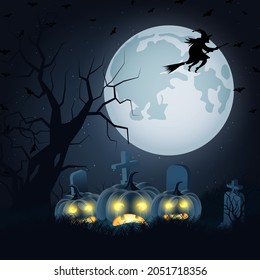 Halloween scary night vector background. Dead trees and old cemetery illustration