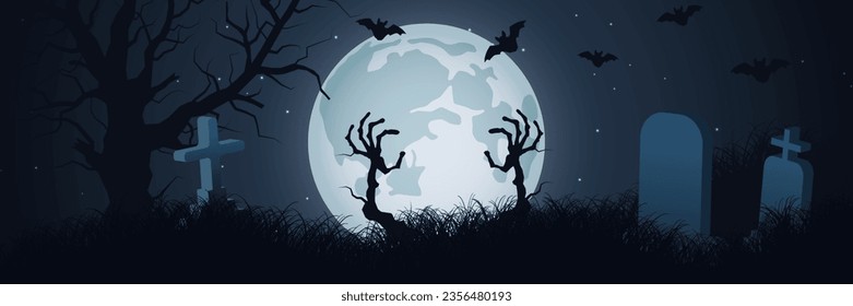 Halloween scary night vector background. Dead trees and old cemetery illustration