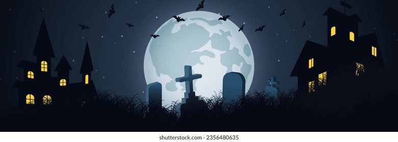 Halloween scary night vector background. Dead trees and old cemetery illustration
