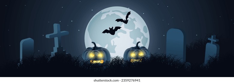 Halloween, gruselige Nacht, Vektorhintergrund. Tote Bäume und alte Friedhofsgrafik
