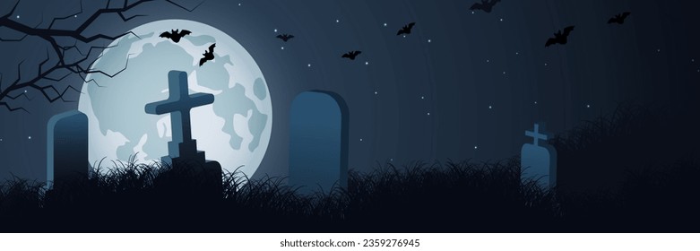 Halloween temible noche de fondo vectorial. Árboles muertos e ilustración de cementerio antiguo