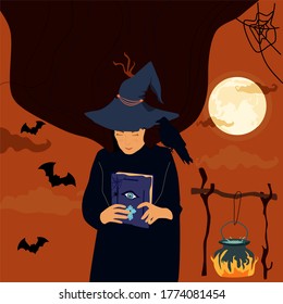 Halloween scary night, The witch holds a magic spell book,conjures. Potion poison boils in a cauldron,hangs on dry branches over a bonfire. Day of the dead.Full moon,dark bats,cobwebs,black raven sits