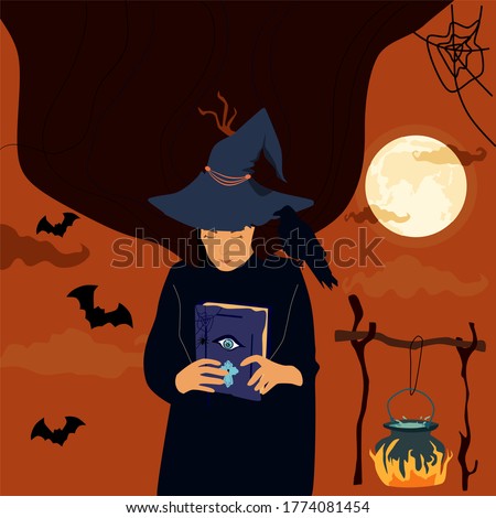 Halloween scary night, The witch holds a magic spell book,conjures. Potion poison boils in a cauldron,hangs on dry branches over a bonfire. Day of the dead.Full moon,dark bats,cobwebs,black raven sits