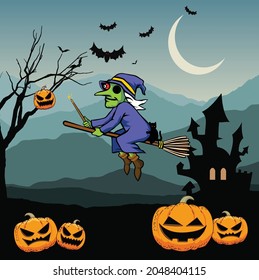 Halloween scary night witch on broom vector background 