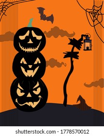 Halloween scary night.Pumpkins with weird facial expressions, clumsy dry tree, gothic lamp with candle, bats and other traditional festival symbols.Party invitation or sale flyer.Vector.Cobwebs