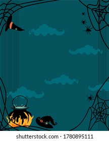 Halloween scary night.Wizardry.Potion poison boils.Black magic cauldron hangs on dry branches over bonfire.Witch's hats.Cobwebs with spiders.Day of the dead.Party invitation template or greeting card