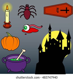 halloween scary objects miscellaneous
night castle, cauldron, coffin, eye, spider, candle, pumpkin, bone, moon