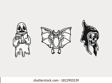 halloween scary occult witchcraft vector illustrations, elements for graphic design projects, clip art flashsheet. isolated graphics for logos invitations, icons , tattoos and creative projects. 