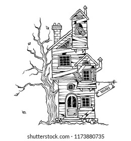 Halloween - scary old farmhouse for cards, design, prints. Hand drawn sketch vector illustration.