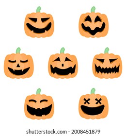 Halloween scary orange pumpkins, Jack O Lantern faces set 