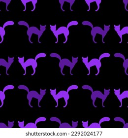 Halloween scary pattern, colorful print with cat silhouettes. Autumn wallpaper or party background - for fabric, for textiles, for wrapping paper. Halloween seamless pattern with simple silhouettes.