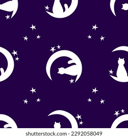 Halloween scary pattern, colorful print with cats on crescent. Autumn wallpaper or party background - for fabric, for textiles, for wrapping paper. Halloween seamless pattern with simple silhouettes