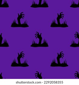 Halloween scary pattern, colorful print with zombie dead hands. Autumn wallpaper or party background - for fabric, for textiles, for wrapping paper. Halloween seamless pattern with simple silhouettes.