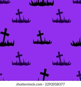 Halloween scary pattern, colorful print with grave crosses. Autumn wallpaper or party background - for fabric, for textiles, for wrapping paper. Halloween seamless pattern with simple silhouettes.