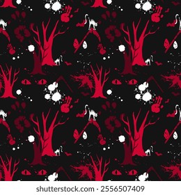 Halloween scary pattern on black background. Horror Happy Halloween seamless pattern with red handprint and paint splashes, dead trees and red eyes