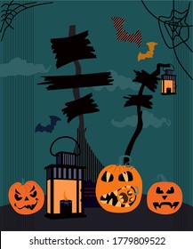 Halloween scary postcard with night view. Jack o lanterns with weird facial expressions eating pumpkins, witch's broom with wooden signs, gothic lamp with candle,flying bats,cobwebs.Party invitation.