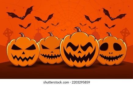 Halloween scary poster Banner with Orange Pumpkin grave bat and spider Vector Illustration. 