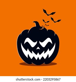 Halloween scary poster Banner with Orange Pumpkin bat Vector Illustration. 
