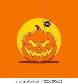Halloween scary poster Banner with Orange Pumpkin spider Vector Illustration. 