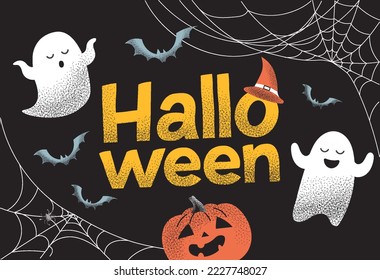 Halloween scary poster. Ghosts and bats fly on dark background with cobwebs. International and traditional autumn holiday, culture. Graphic element for website. Cartoon flat vector illustration