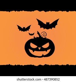 Halloween scary  pumpkin with bats around it, vector illustration, black and orange background, isolated flat icon