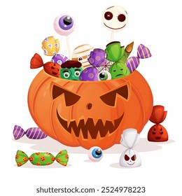 Halloween scary pumpkin bucket with spooky sweets. Trick or treat party poster element isolated on white.