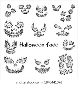Halloween scary pumpkin carved faces. Vector hand draw illustration on white background. Doodle style.