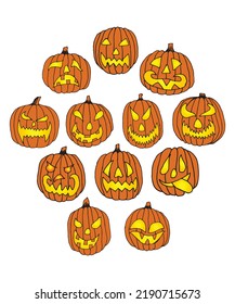 Halloween Scary Pumpkin Face Hand Drawn Doodle Scary Orange Pumpkin Clipart Halloween Elements