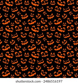 Halloween scary pumpkin face pattern, holiday horror night background, seamless vector. Halloween trick or treat party creepy pumpkins with orange grim faces and spooky smiles pattern background