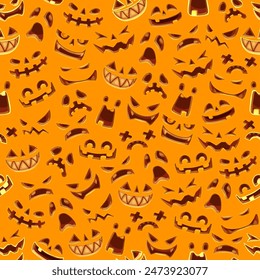 Halloween cara de calabaza de miedo patrón sin fisuras, fondo de Vector de noche de horror de vacaciones. Halloween y truco o trato de fiesta calabazas espeluznantes con caras sombrías y sonrisas espeluznantes en patrón de talla