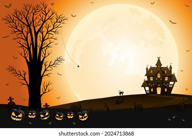 Halloween scary pumpkin faces, haunted house and spooky trees with moonlight on orange background.