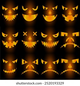 Halloween scary pumpkin faces isolated on a black background with a fiery gradient