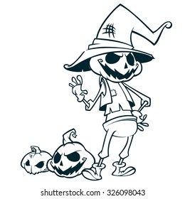 Halloween scary pumpkin head scarecrow outlines. Vector coloring book