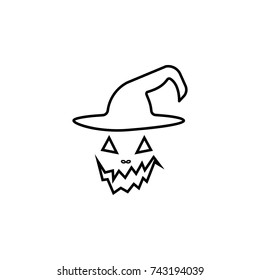 Halloween scary pumpkin jack face and witch hat icon on white background