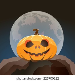 Halloween scary pumpkin jack-o-lantern close-up with a smile in moon light on a rock from bottom perspective template illustration