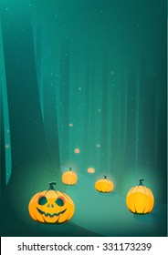 Halloween scary pumpkin jack-o-lantern path in moon light in spooky forest  vertical illustration