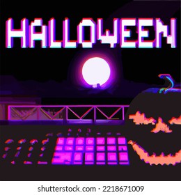 Halloween scary pumpkin paper effect illustration vector basic illustration. Halloween House and pumpkin, tree and ghosts.