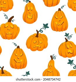 Halloween scary pumpkin with smile, happy face seamless pattern. Orange squash Jack-o'-lantern (carved pumpkin) background. Cartoon vector texture.