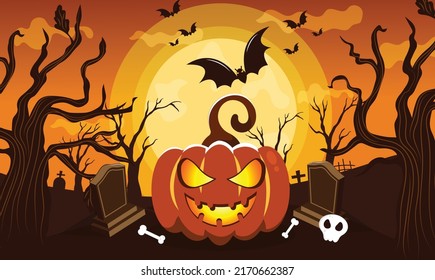 Halloween scary pumpkin tombstone graveyard orange background In the moonlight.
