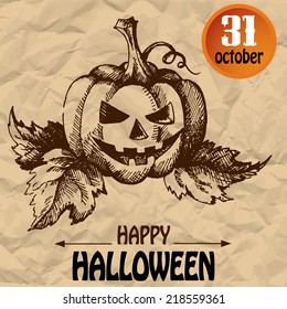 Halloween scary pumpkin. Typographic poster background. Hand-drawn illustration. Vector design sketch