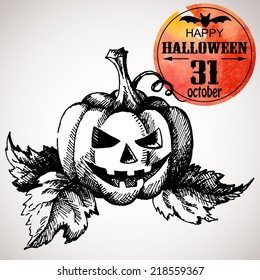 Halloween scary pumpkin. Typographic poster background. Hand-drawn illustration and watercolor. Vector design sketch
