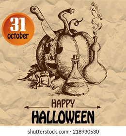 Halloween scary pumpkin. Typographic poster background. Hand-drawn illustration. Vector design sketch