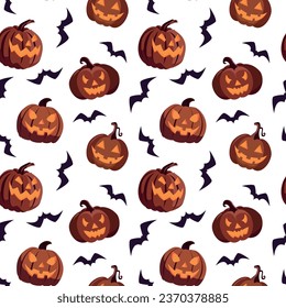 Halloween scary pumpkins with bats seamless pattern. Isolated on white background. Happy Halloween greeting card and trick or treat party design.