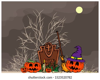 Halloween scary pumpkins in a cemetery near the grave. Night, moon, silhouettes of trees and bushes. Cartoon characters. Vector illustration