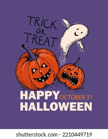 Halloween scary pumpkins and ghostes. Happy Halloween concept hand drawing illustration. Engraving for poster, invitation, card, banner