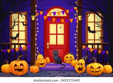 Halloween scary pumpkins on holiday door porch in horror night, cartoon vector. Halloween trick or treat party with boo pumpkins with carving faces, witch black cat and spiderweb on house door