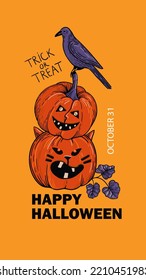 Halloween scary pumpkins and raven. Happy Halloween hand drawing illustration. Engraving for poster, invitation, card, banner