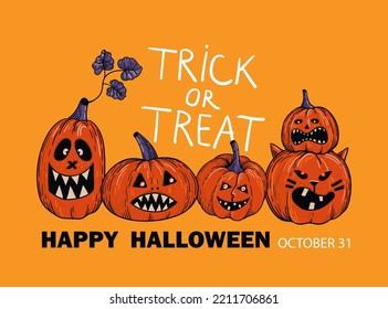 Halloween scary pumpkins and raven. Happy Halloween hand drawing illustration. Trick or treat. Engraving for poster, invitation, card, banner