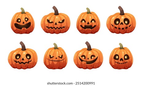 Conjunto de calabazas de miedo de Halloween. Caras talladas y personajes de miedo sobre fondo blanco. Colección de Ilustraciones vectoriales