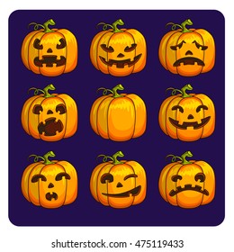Halloween scary pumpkins set of different characters. Vector Illustration.